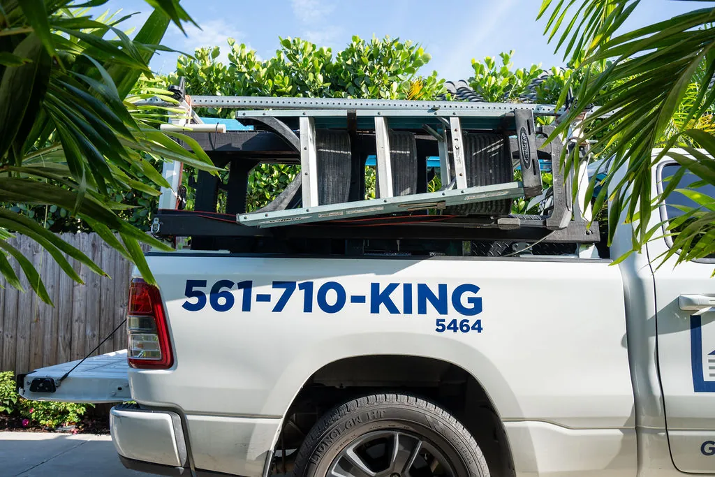 Lift Kings truck loaded at the Lantana office with ladder rack